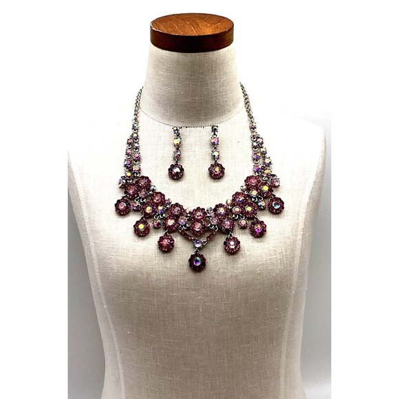 Pink Rhinestone Statement Necklace & Dangle Earrings Set - Picture 2 of 7